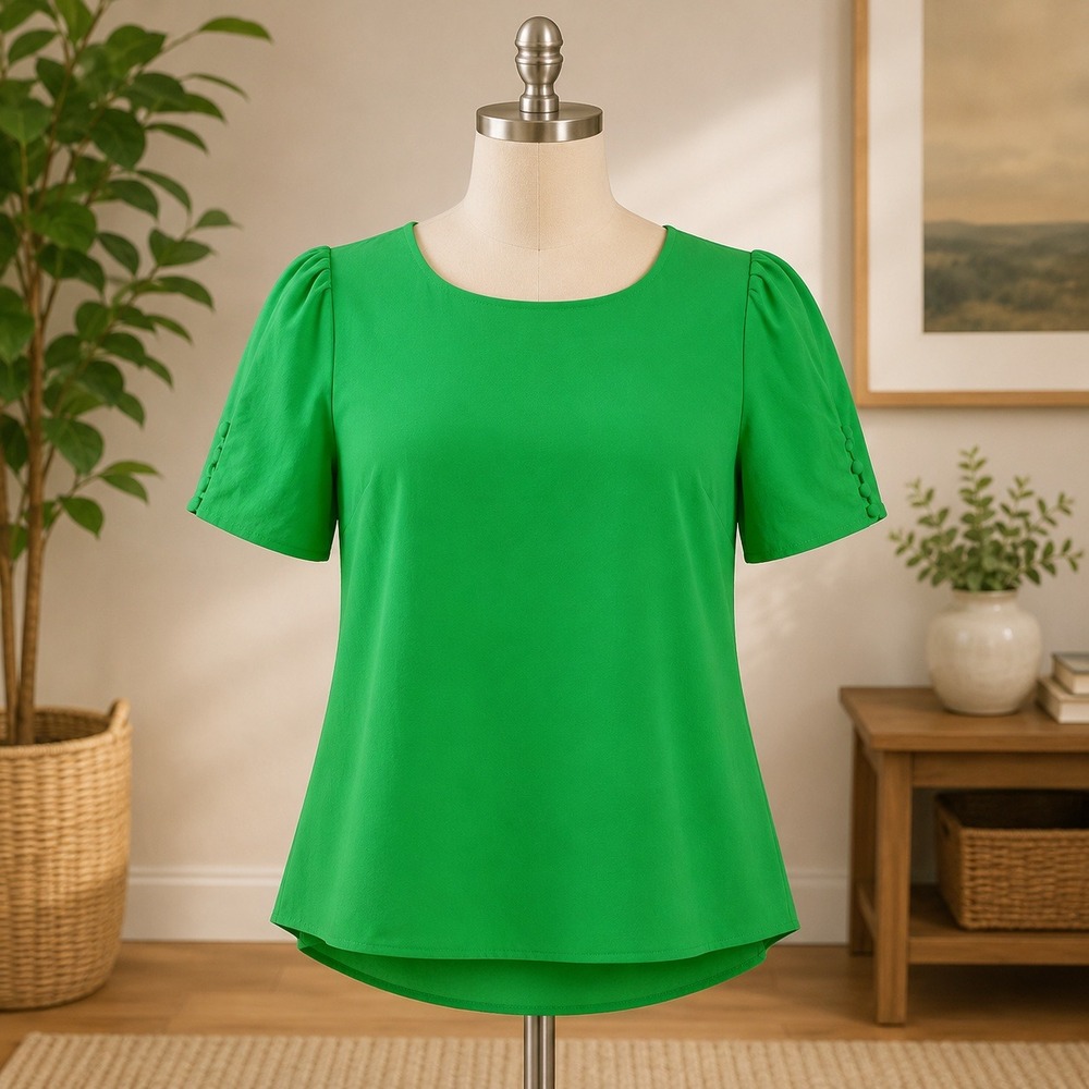 NWT Tahari Blouse Womens Large Green Short Sleeve Button Detail Keyhole Top